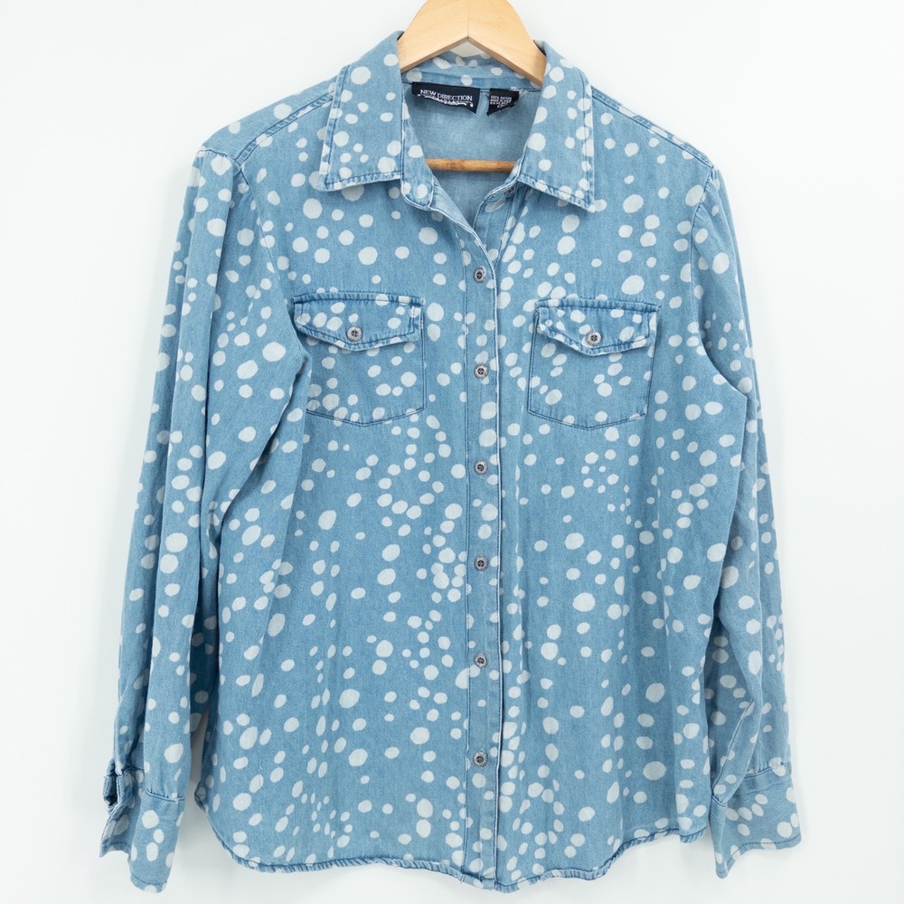 Vintage Polka Dot Chambray Button Up Shirt Womens L Denim Bleach Wash Denim Top